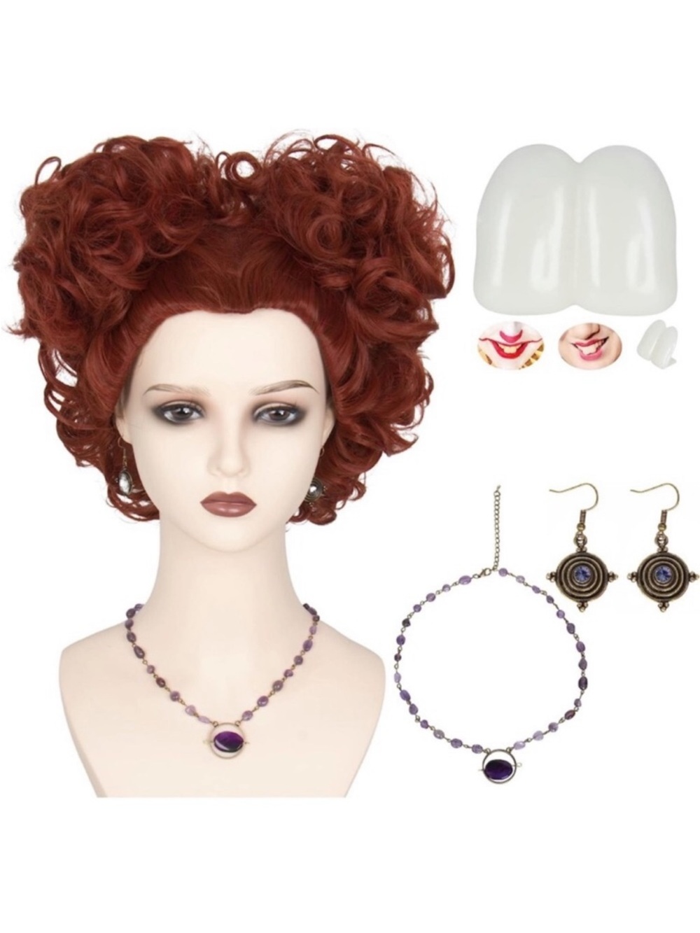 SandersonShort Curly Wig-Teeth,Necklace,Earrings Halloween Costume-Sanderson Wig